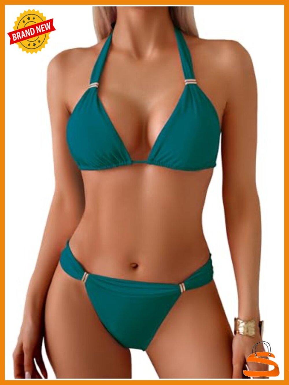 Triangle Halter Bikini Set Ruched Two Piece Swimsuit Gold Plated Rings